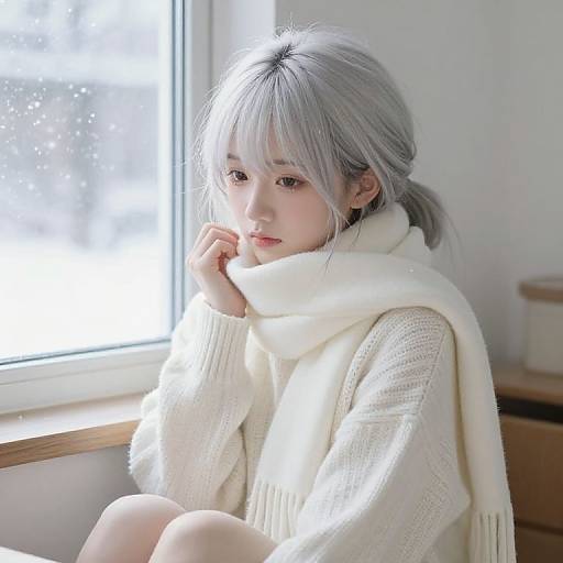 Photograph of a young Asian woman with silver hair, wearing a white knit sweater and scarf, seated by a bright window.