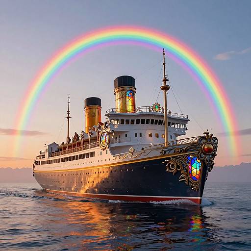 Photograph of an ornate, vintage steamship with colorful stained glass decorations, sailing on calm waters under a vibrant rainbow at sunset.