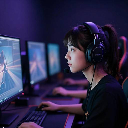Young Woman Gaming with Headphones