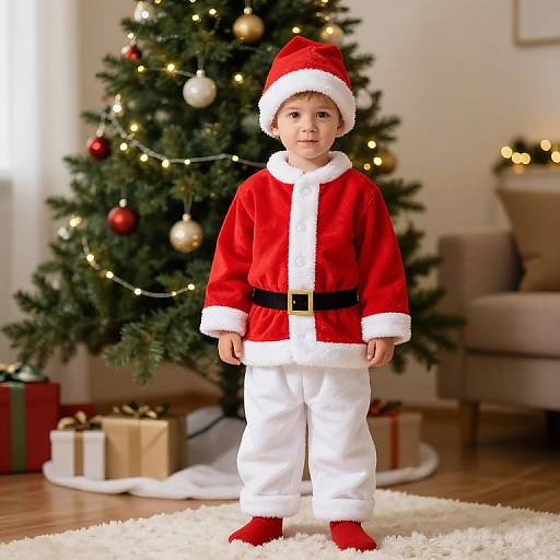 Photograph of a young boy in a red and white Santa outfit, standing in front of a decorated Christmas tree with gifts.