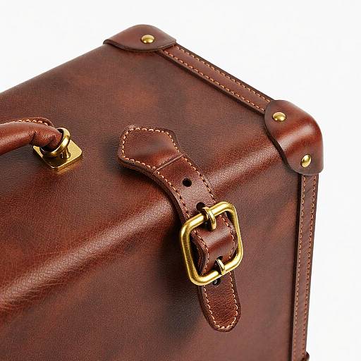 Close-up photograph of a rich brown leather briefcase with gold hardware, including buckle straps and corner reinforcements, against a white background.