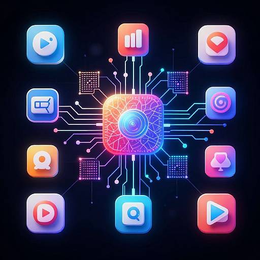 Digital illustration of glowing, neon-colored app icons (play, pause, forward, back, refresh, settings) connected to a central, radiant circuit board
