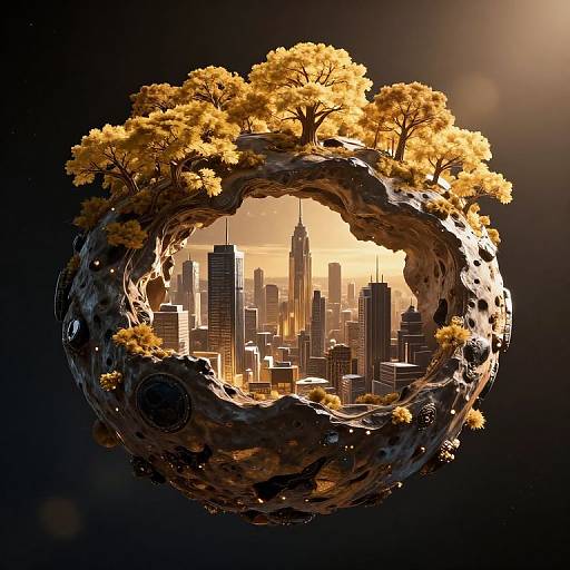 CGI image of a rocky, tree-covered circular island framing a golden-lit New York City skyline with skyscrapers, glowing warmly.