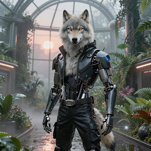 Cybernetic Wolf in Cyberpunk Greenhouse