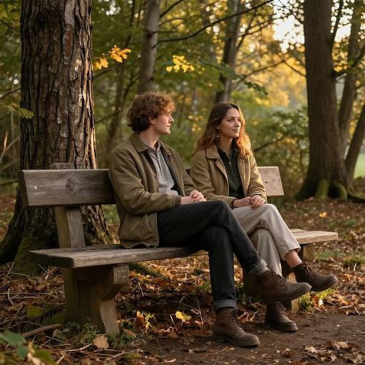Photograph of a young couple sitting on a wooden bench in a forest during autumn, both wearing casual fall clothing and boots, gazing at each other