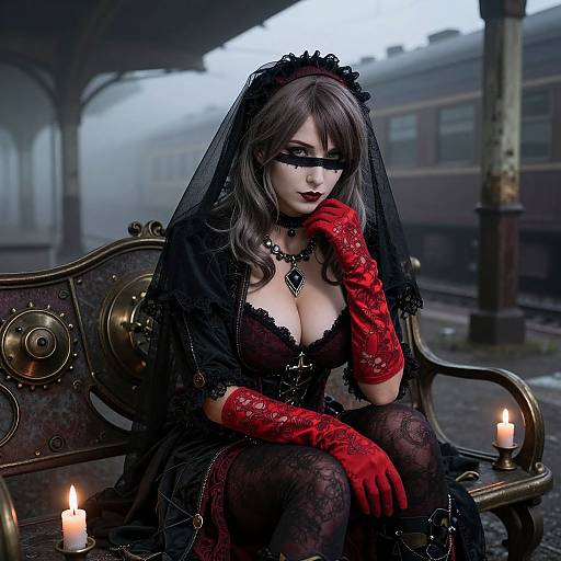Gothic-style digital artwork of a pale-skinned woman with dark hair, black lace dress, red gloves, and veil, sitting on a vintage