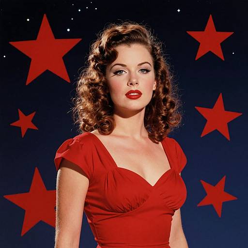 Vintage-style photograph of a fair-skinned, red-lipped woman with curly brown hair, wearing a red V-neck dress, against a dark blue background