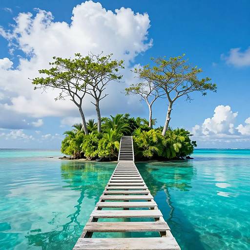 Photograph of a wooden pier leading to a small tropical island with two tall trees, lush greenery, and clear turquoise water under a bright blue sky