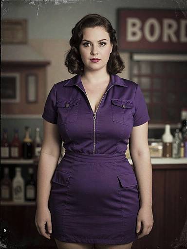 Photograph of a fair-skinned woman with dark, wavy hair, wearing a fitted, short-sleeved, dark purple dress with a front