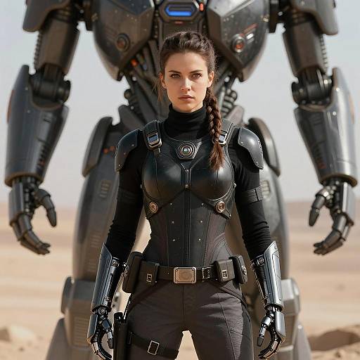 Futuristic Female Warrior with Mech in Desert