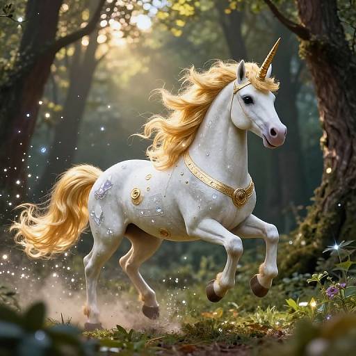 Digital artwork of a majestic white unicorn with a golden mane and horn, adorned with gold jewelry, galloping through a magical, sunlit forest filled