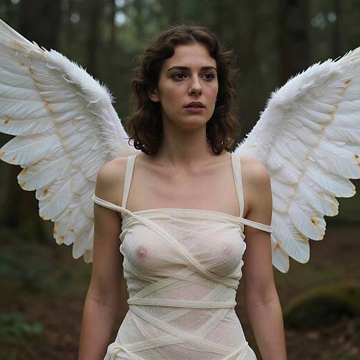 Photograph of a curly-haired woman with white angel wings, wrapped in a translucent white bandage dress, standing in a forest.