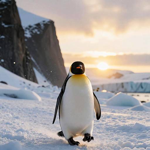 Golden Sunset Penguin on Glacial Cliffside