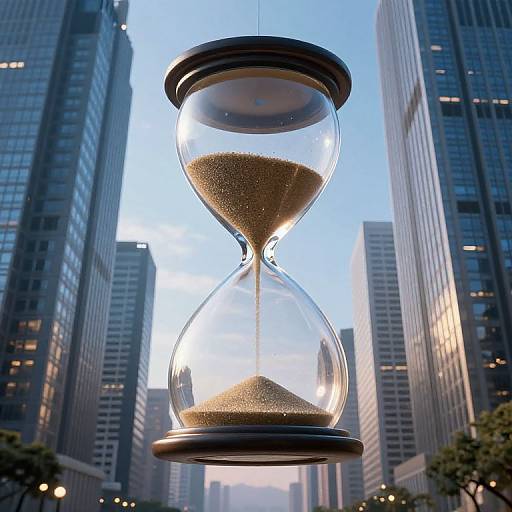 Photograph of a glass hourglass hanging between tall, modern skyscrapers at sunset, with golden sand trickling through, creating a contrast between time