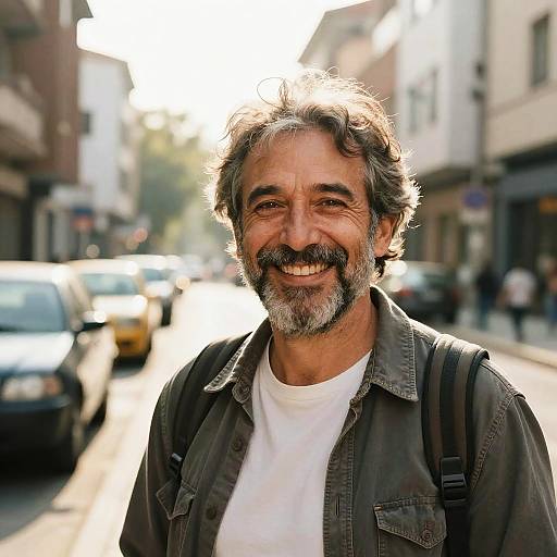 Photograph of smiling middle-aged man with gray hair and beard, wearing a brown jacket over white shirt, standing on sunlit urban street with blurred cars