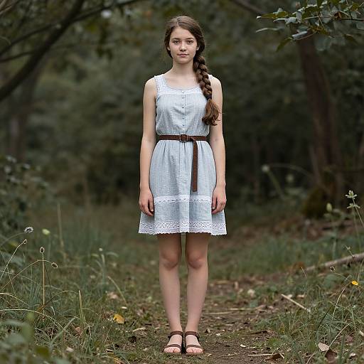 Photograph of a young woman with long braided brown hair, wearing a white sleeveless lace dress, black belt, and sandals, standing on a