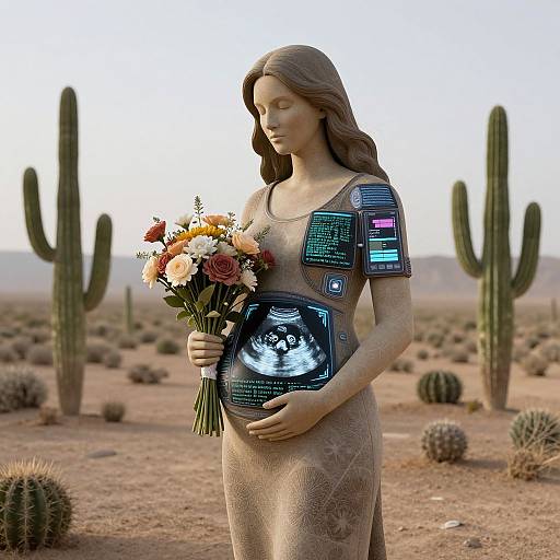 Digital art of a pregnant woman in a desert, wearing futuristic armor, holding a colorful bouquet, with cacti and a baby scan in hand.