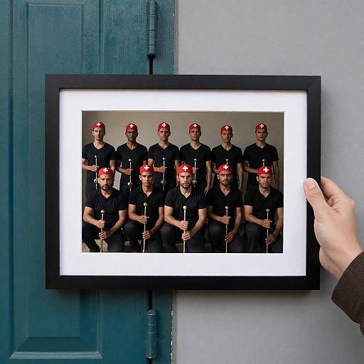 Intense Men Framed Against Teal Background