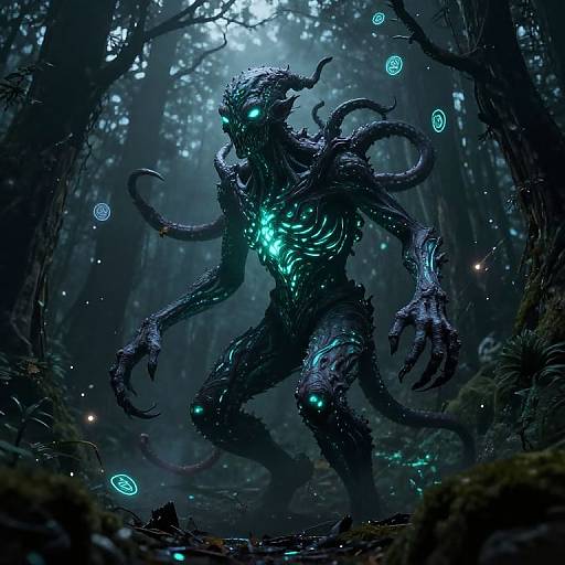 Digital artwork of a dark, glowing, tentacled monster with neon blue eyes and spirals in a misty, eerie forest.