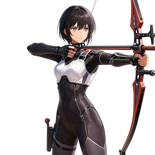 Digital anime-style drawing of a black-haired, serious-looking woman in a black and white tactical suit, drawing a red and black bow.