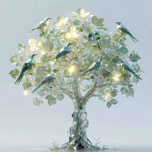 Photograph of a glowing, silver tree with six colorful birds perched on illuminated leaves, set against a white background.