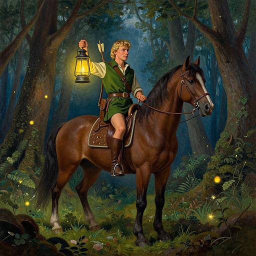 Illustration of a blond boy in green tunic riding a brown horse, holding a lantern with a face, in a magical forest with glowing fireflies