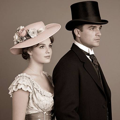 Vintage photograph of a woman in a lace dress and wide-brimmed hat with roses, standing beside a man in a black top hat and formal suit