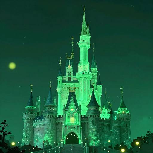Photograph of a glowing, neon-green illuminated fairy-tale castle at night, featuring multiple towers and a central spire against a dark, starry
