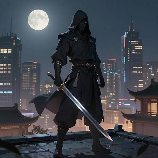 Mysterious Hooded Warrior at Night
