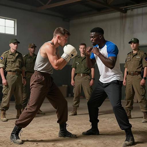 Boxing Match in Warehouse with Military Observers