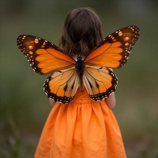 Photograph of a child in an orange dress, standing with back to camera, large orange and black butterfly perched on her back. Blurred green
