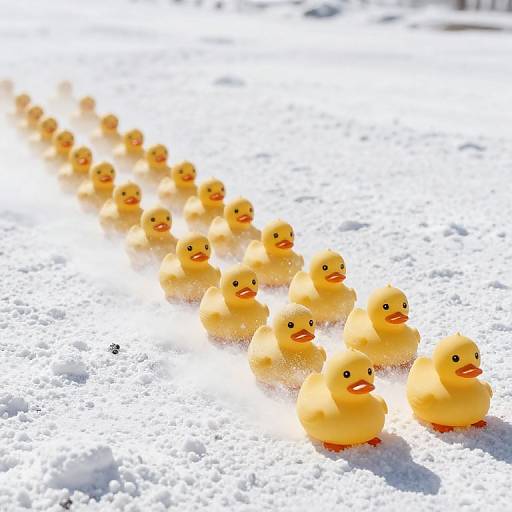 Photograph of a row of bright yellow rubber ducks with orange beaks walking in a single file line through snowy white ground.