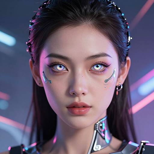 CGI close-up of a futuristic Asian woman with glowing blue eyes, dark hair, cybernetic headpiece, and glowing facial markings, set against