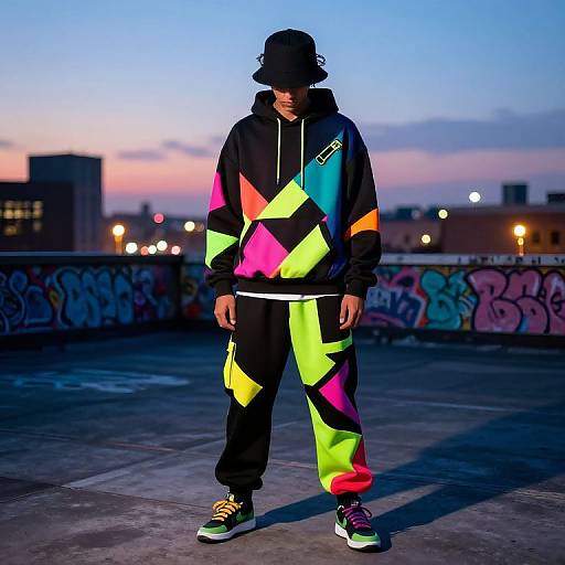 Photograph of a man in a black hat, neon geometric hoodie, and pants, standing on a rooftop at dusk, city skyline and graffiti in the
