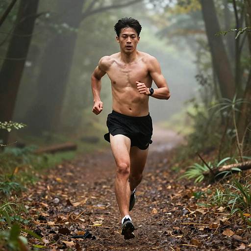 Photograph of a shirtless, fit Asian man jogging on a forest trail, wearing black shorts and white socks, surrounded by misty trees and fallen