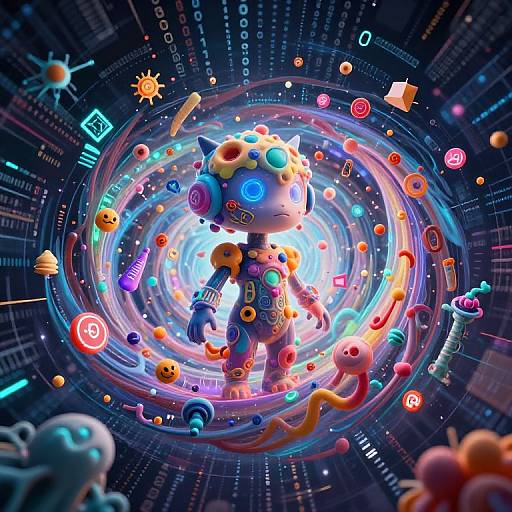 Digital artwork of a colorful, robotic, humanoid figure surrounded by swirling, neon cybernetic icons and symbols in a vibrant, futuristic space.