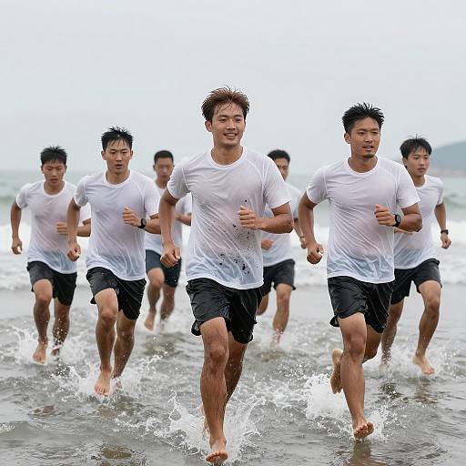 Men Running in Shallow Ocean Water