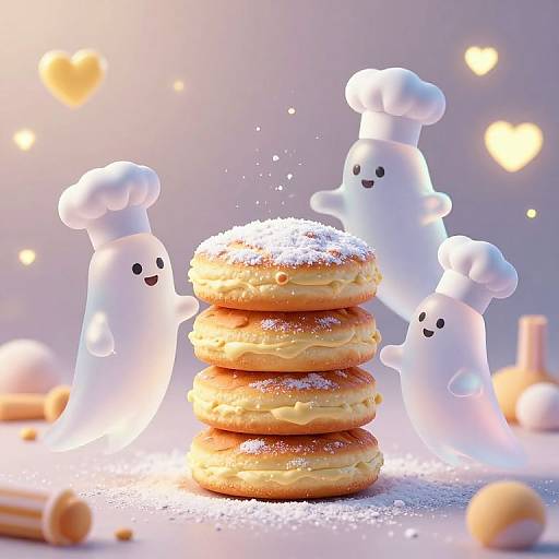 Photograph of four white ghost-like paper figures with chef hats, surrounding a stack of powdered sugar-covered pancakes, set against a blurred, glowing background with