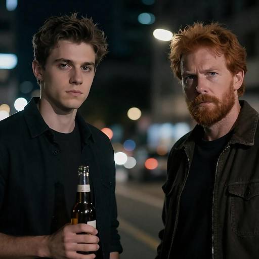 Photograph of two men at night: one with short brown hair holding a beer, the other with red hair and a beard, both in black clothing