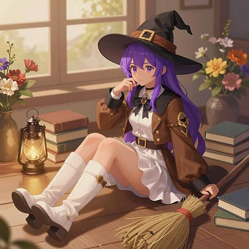 Purple-Haired Witch in Sunlit Room