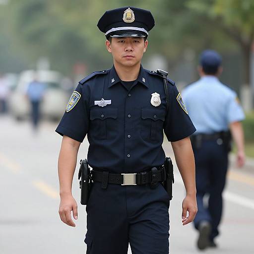 Photograph of a serious young Asian male police officer in uniform, standing on a sunny street with blurred background and another officer in blue uniform.