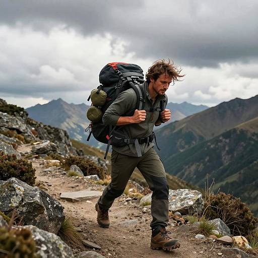 Photograph of a determined hiker with disheveled brown hair, wearing a grey jacket and pants, carrying a large backpack, running along a rocky