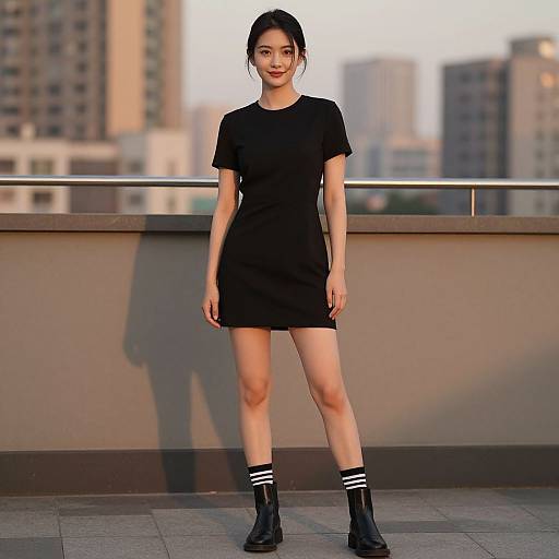 Photograph of an Asian woman with black hair in a ponytail, wearing a short black dress, black socks with white stripes, and black boots,