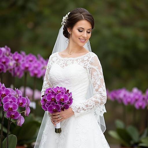 Photograph of a smiling bride in a white lace wedding dress and veil, holding a vibrant purple orchid bouquet, surrounded by blooming orchids in