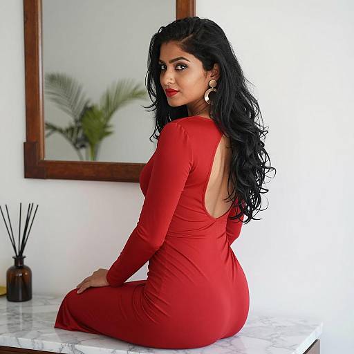 Woman in Red Dress Sitting on Marble Surface