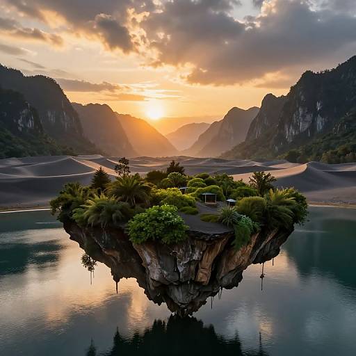 Photorealistic digital art: floating island with lush greenery, small house, and trees, reflecting in calm water, surrounded by mountainous landscape at