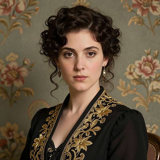 Photograph of a fair-skinned woman with curly black hair, wearing a black dress with gold floral embroidery, standing against a floral-patterned background.