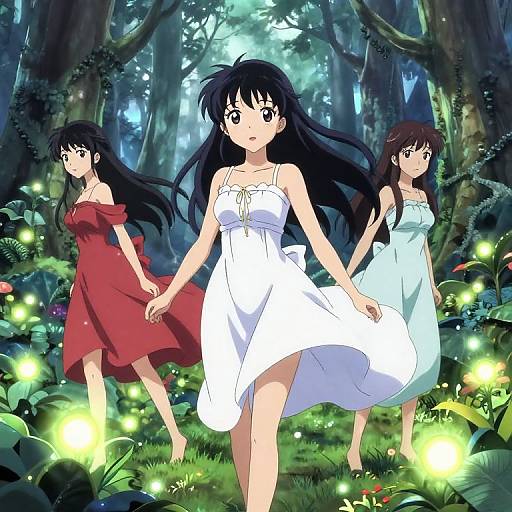 Anime-style digital illustration of three young women with long black hair, walking through a magical forest at night, wearing red, white, and blue dresses,