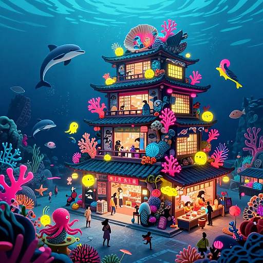 Vibrant underwater illustration: colorful coral, fish, dolphins around a glowing, traditional Japanese-style building with lanterns, people inside and outside.