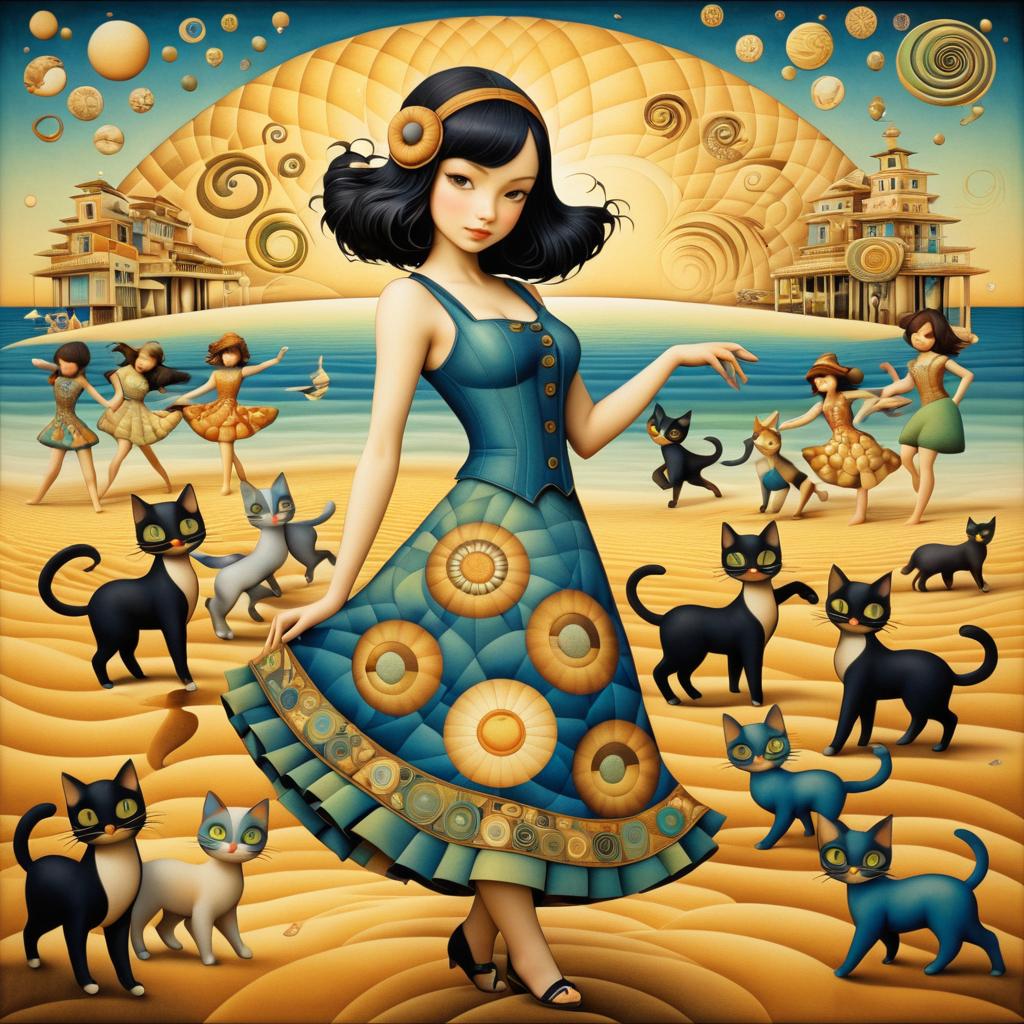 Art Deco Beach Scene with Cats and Dance